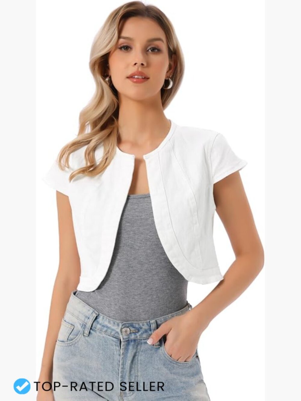 Crop Denim Jacket Short Sleeve Collarless Slim Fit Casual Summer Jean Jacket Y2K